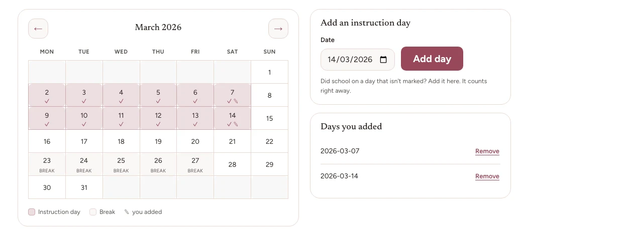 A March calendar in Bowerstead with every instruction day ticked, a week marked as a break, and a panel for adding a day that was missed, listing the two days added so far.