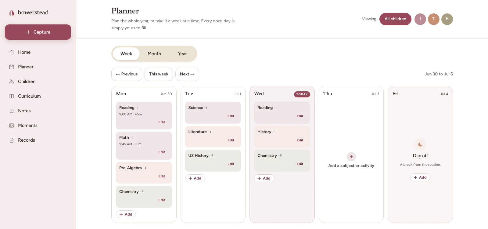A week in the Bowerstead planner. Monday to Wednesday hold subjects for three children with start times and durations, Thursday is empty and waiting to be filled, and Friday is marked as a day off.