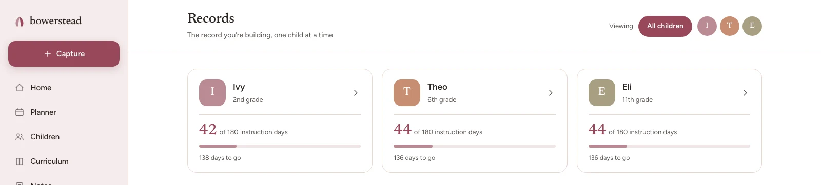 The records list in Bowerstead with three children side by side: Ivy at 42 of 180 instruction days, Theo at 44 and Eli at 44, each with a progress bar and the number of days still to go.