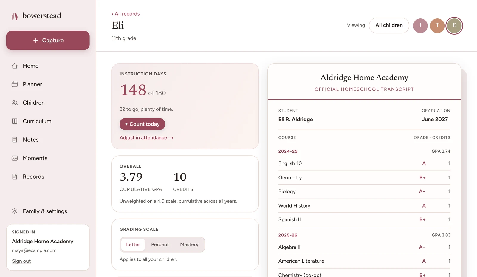 A child's record in Bowerstead: 148 of 180 instruction days counted, a cumulative GPA of 3.79 across 10 credits, and beside it the transcript those records produce, listing each year's courses with grades and credits.