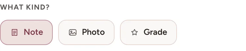 The top of the capture screen, labelled What kind, offering three choices side by side: Note, which is selected, Photo, and Grade.