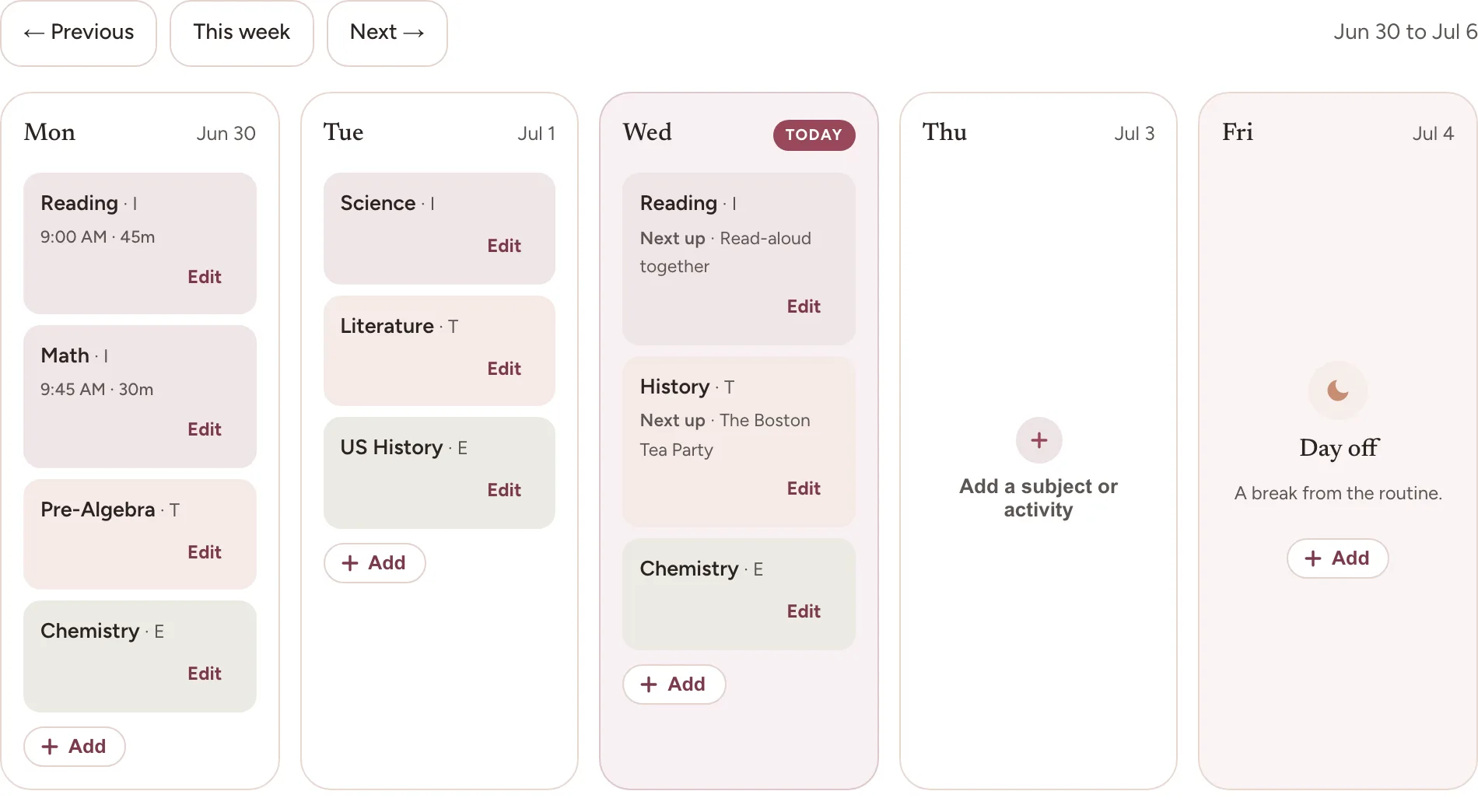 The week view in Planner, Monday June 30 to Friday July 4, as five day columns. Monday holds Reading, Math, Pre-Algebra and Chemistry; Wednesday is marked Today and two of its blocks name the next lesson in their outline. Thursday is empty with an Add a subject or activity control, and Friday reads Day off, a break from the routine.