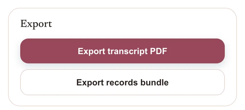 The Export card on a student record, holding two buttons: Export transcript PDF, and below it Export records bundle.
