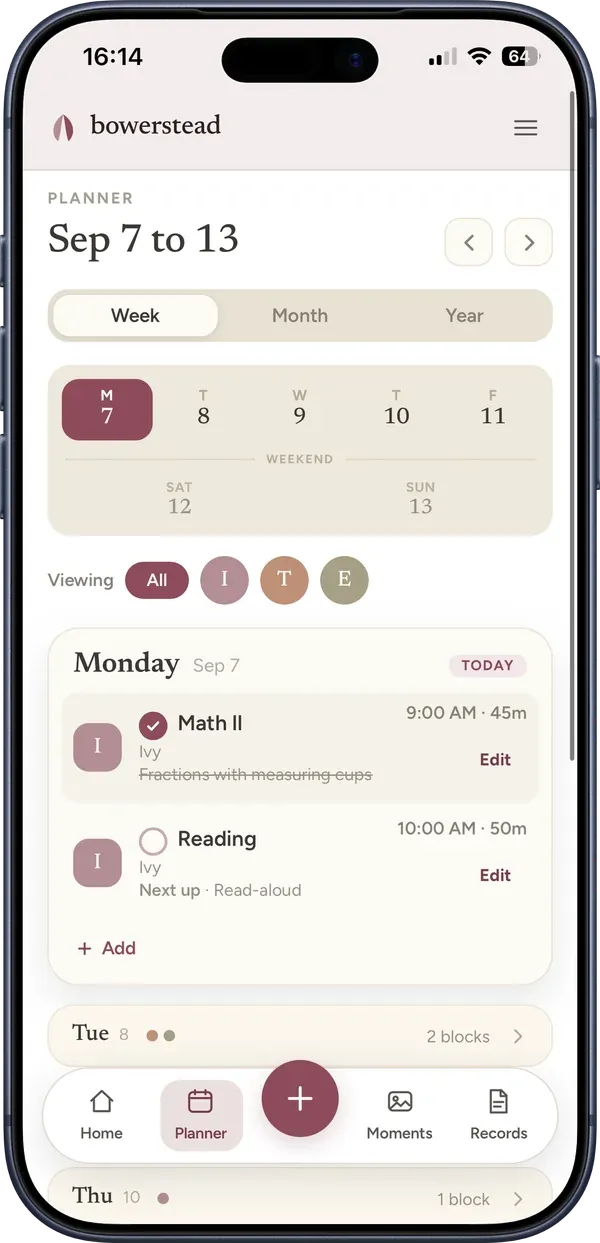 The Bowerstead weekly planner on an iPhone: the week of September 7 to 13, with Monday open, its Math II block ticked done, its Reading block still to come, and the bottom navigation.