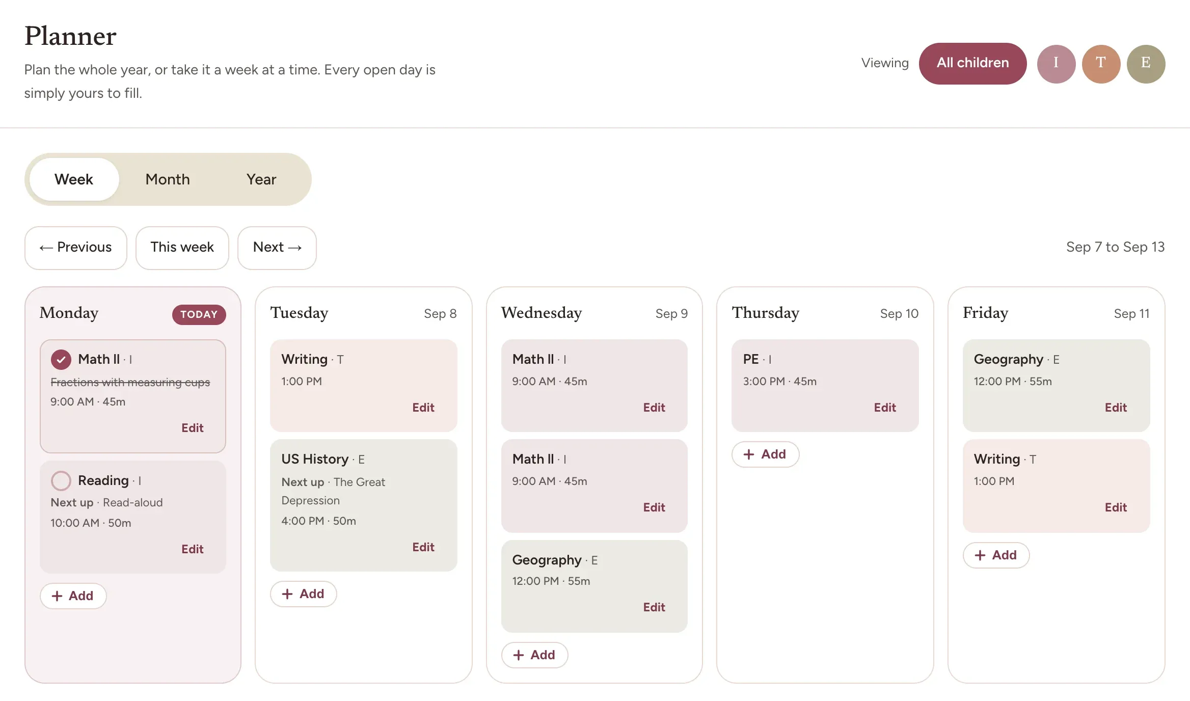 The Bowerstead weekly planner on the web: the week of September 7 to 13 as five weekday columns for three children. Monday is today, with its Math II block ticked done and its Reading block still open and naming the next lesson.