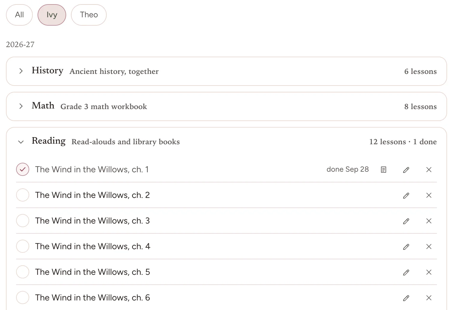A child’s Reading list in Bowerstead’s curriculum: chapters of The Wind in the Willows in order, the first ticked and marked done Sep 28.