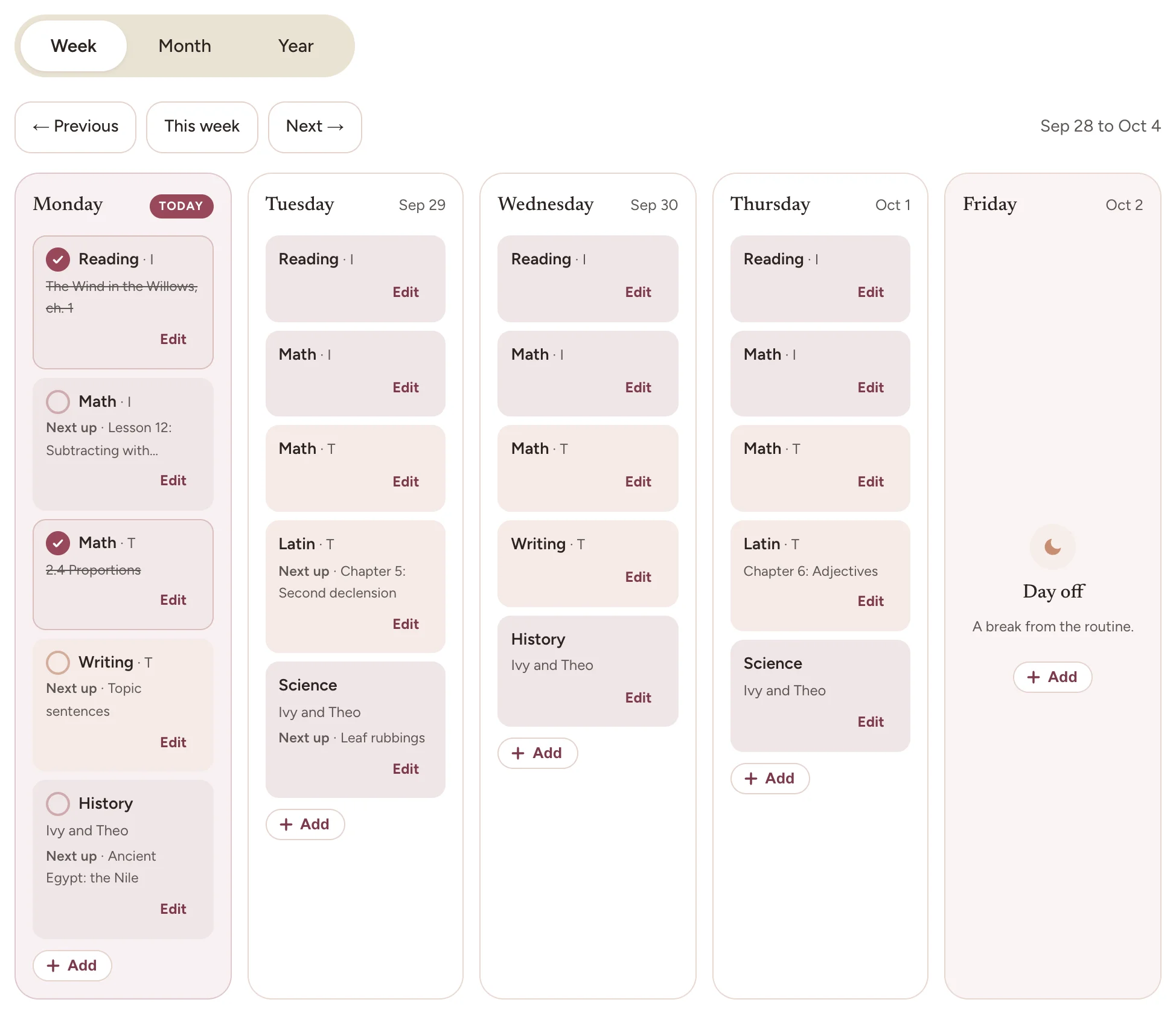 A week in the Bowerstead planner. On Monday, Reading and Math are ticked with their lessons crossed off, other blocks show the next lesson up, and History and Science appear once for two children.